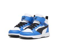 Sneaker PUMA "PUMA Rebound V6 Mid Sneakers Kinder", Kinder, Gr. 21, bunt (weiß schwarz racing blau), Obermaterial: Textil, Synthetik. Futter: Textil. Innensohle: Textil. Laufsohle: Gummi, Schuhe Sneak