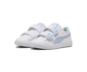 Sneaker PUMA "PUMA Smash 3.0 Badges Sneakers Mädchen", Damen, Gr. 28.5, weiß (weiß haute tropic blau), Obermaterial: Textil, Synthetik. Futter: Textil. Innensohle: Textil. Laufsohle: Gummi, Schuhe Sne