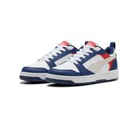 Sneaker PUMA "REBOUND V6 LO JR", Mädchen, Gr. 37,5, blau jewel, feather gray, puma weiß, Synthetik, mehrfarbig, Schuhe Sneaker, mit Schnürverschluss, dämpfendes Fußbett, aus Synthetik (78253211-37,5)