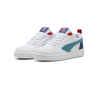 Sneaker PUMA "Rebound V6 Low Run Fun Sneakers Jugendliche", Kinder, Gr. 37, weiß (weiß tropical blau clyde royal), Obermaterial: Synthetik, Textil; Futter: Textil; Laufsohle: Gummi, Schuhe (50502200-3