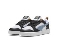 Sneaker PUMA "Rebound V6 Low Run Fun Sneakers Jugendliche", Kinder, Gr. 38,5, grün (schwarz haute tropic grün terrain blau), Obermaterial: Synthetik, Textil; Futter: Textil; Laufsohle: Gummi, Schuhe (