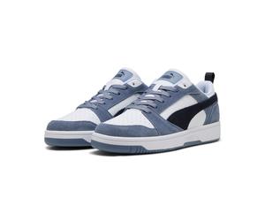 Sneaker PUMA "REBOUND V6 LOW SD", Damen, Gr. 43, gray sky, new navy, puma weiß, Leder, mehrfarbig, Schuhe Sneaker, mit Leder-Obermaterial, mit SOFTFOAM+ Einlegesohle, sportlicher Stil (95415639-43) gr