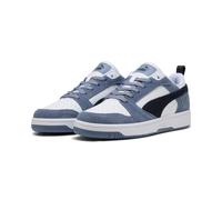 Sneaker PUMA "REBOUND V6 LOW SD", Damen, Gr. 45, gray sky, new navy, puma weiß, Leder, mehrfarbig, Schuhe Sneaker, mit Leder-Obermaterial, mit SOFTFOAM+ Einlegesohle, sportlicher Stil (95415639-45) gr