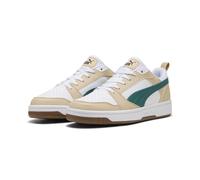 Sneaker PUMA "Rebound V6 Low Sneakers Erwachsene", Damen, Gr. 45, toasted almond emerald ice weiß beige grün, Obermaterial: Textil, Synthetik. Futter: Textil. Innensohle: Textil. Laufsohle: Gummi, Sch