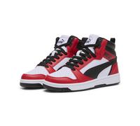 Sneaker PUMA "Rebound V6 Mid Sneakers Jugendliche", Kinder, Gr. 35,5, rot (weiß schwarz for all time rot), Obermaterial: Textil, Synthetik. Futter: Textil. Innensohle: Textil. Laufsohle: Gummi, Schuhe