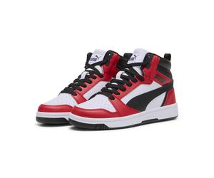 Sneaker PUMA "Rebound V6 Mid Sneakers Jugendliche", Kinder, Gr. 38,5, rot (weiß schwarz for all time rot), Obermaterial: Textil, Synthetik. Futter: Textil. Innensohle: Textil. Laufsohle: Gummi, Schuhe
