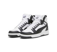 Sneaker PUMA "Rebound V6 Mid Sneakers Jugendliche", Kinder, Gr. 39, schwarz-weiß (weiß schwarz shadow gray), Obermaterial: Textil, Synthetik. Futter: Textil. Innensohle: Textil. Laufsohle: Gummi, Schu