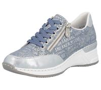 Sneaker RIEKER, Damen, Gr. 36, blau (hellblau), Lederimitat, metallic, Schuhe Sneaker, mit Lettern bedruckt, Freizeitschuh, Halbschuh, Schnürschuh (32667025-36) hellblau