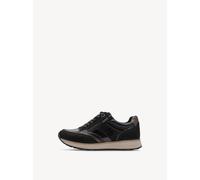 Plateausneaker TAMARIS, Damen, Gr. 41, schwarz (schwarz, kombiniert), Leder, Synthetik, aufgeraut, clean, kontrastfarbene Details, leicht glänzend, Schuhe Plateausneaker, Halbschuh, Schnürschuh mit pr