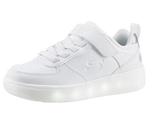 Sneaker SKECHERS "Blinkschuh SPORT COURT 92- SHOW MADDOX", Mädchen, Gr. 35, weiß, Lederimitat, unifarben, Schuhe Sneaker, Schnürschuh mit Blinkfunktion, Größenschablone zum Download (12751063-35)