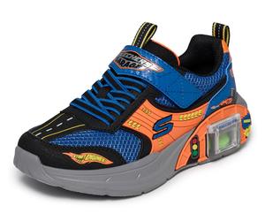 Sneaker SKECHERS "Compartment & Two Toy Cars", Mädchen, Gr. 27, bunt (blau, orange), Lederimitat, kontrastfarbene Details, Schuhe Sneaker, Kinderschuh mit integriertem Toy Car, Größenschablone zum Dow