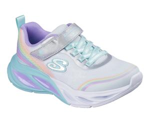 Sneaker SKECHERS "COSMIC GLOW LIGHTS", Damen, Gr. 30, silberfarben, Lederimitat, Textil, Mesh, leicht glänzend, Schuhe Sneaker, Sportschuh mit Klett, Größenschablone zum Download (18041709-30) silberf