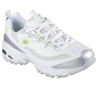 Sneaker SKECHERS "D'LITES-CHROMATIC", Damen, Gr. 43, atmungsaktiv, silber (weiß, silberfarben), Lederimitat, Textil, metallic, Schuhe Sneaker, Plateausneaker, Schnürschuh mit Metallic Einsätzen (65299