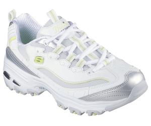 Sneaker SKECHERS "D'LITES-CHROMATIC", Damen, Gr. 43, silber (weiß, silberfarben), Lederimitat, Textil, metallic, Schuhe Sneaker, Plateausneaker, Schnürschuh mit Metallic Einsätzen (65299316-43) weiß, 