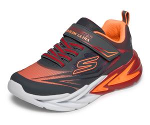 Sneaker SKECHERS "FLEX-GLOW ULTRA", Mädchen, Gr. 30, grau, orange, Lederimitat, Textil, Mesh, kontrastfarbene Details, Schuhe Sneaker, Klettschuh zum Schlüpfen, Größenschablone zum Download (69793968-