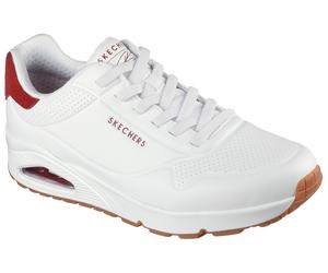 Sneaker SKECHERS "Harry Kane - Off Pitch Collection: Uno - Harry Kane Air", Herren, Gr. 42, rot (weiß, weinrot), Lederimitat, Textil, Schuhe Sneaker, Schnürschuh signiert vom weltbekannten Fußballstar