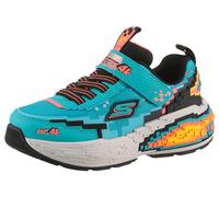 Sneaker SKECHERS "MEGA-CRAFT 4K", Kinder, Gr. 35, blau (türkis, schwarz), Textil, Lederimitat, kontrastfarbene Details, sportlich, Schuhe, Klettschuh im coolen Pixel-Look, Größenschablone zum Download