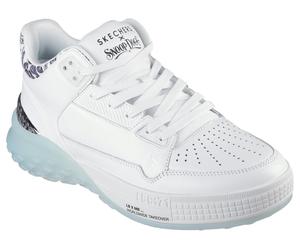 Sneaker SKECHERS "SIZZLE-SNOOP SIZZLE BUCKETS", Herren, Gr. 48,5, weiß, Leder, Schuhe Sneaker, Schnürschuh, Freizeitschuh, MidCut mit Air-Cooled Memory Foam (48168335-48,5) weiß