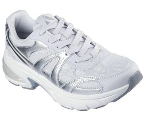 Sneaker SKECHERS "SKECHERS SHADOW", Damen, Gr. 41, grau (grau, silberfarben), Lederimitat, Textil, metallic, schimmernd, Schuhe Sneaker, Retro Sneaker, Plateausneaker, Schnürschuh mit Memory Foam (996