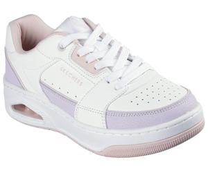 Sneaker SKECHERS "UNO COURT-COURTED STYLE", Damen, Gr. 38, lila (weiß, lavendel), Leder, kontrastfarbene Details, Schuhe Sneaker, Skater Schuh, Retro Sneaker mit Memory Foam (56701657-38) weiß, lavend