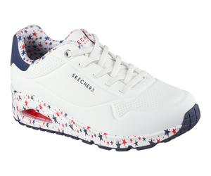Sneaker SKECHERS "UNO-FREE STRYDE", Damen, Gr. 35, bunt (weiß kombiniert), Lederimitat, kontrastfarbene Details, Schuhe Sneaker, Schnürschuh, Freizeitschuh mit Sternenaufruck auf der Sohle (97189649-3