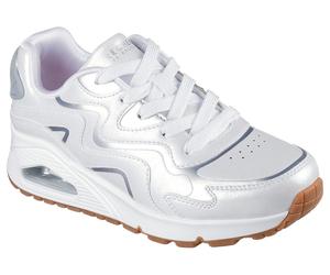 Sneaker SKECHERS "UNO GEN1", Mädchen, Gr. 34, silber (weiß, silberfarben), Lederimitat, glänzend, Schuhe Sneaker, Schnürschuh mit Memory Foam, Größenschablone zum Download (13508231-34) weiß, silberfa
