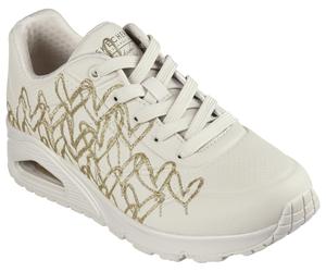 Sneaker SKECHERS "UNO-GOLDEN HEART", Damen, Gr. 35, beige (natur, goldfarben), Lederimitat, kontrastfarbene Details, Schuhe Sneaker, Freizeitschuh, Schnürschuh mit goldfarbenen Mylar-Stickereien (6659