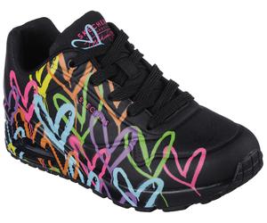 Sneaker SKECHERS "UNO - HIGHLIGHT LOVE", Damen, Gr. 42, bunt (schwarz, multi), Lederimitat, Textil, kontrastfarbene Details, Schuhe Sneaker, Freizeitschuh, Halbschuh, Schnürschuh mit Herzchen-Print (7