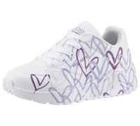 Sneaker SKECHERS "UNO LITE - SPREAD THE WORLD", Mädchen, Gr. 30, lila (weiß, lila), Synthetik, Schuhe Sneaker, Schnürschuh mit süßem herzchen Print, Größenschablone zum Download, Topseller (70594910-3