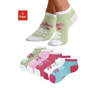 Sneakersocken H.I.S, Damen, Gr. 35-38, bunt (1x weiß, 1x pink, 1x hellgrün, 1x rosa, 1x hellblau), Baumwolle, Elasthan, Polyamid, gemustert, elastisch, Socken Sneakersocken, im farbenfrohen Hawaii Des