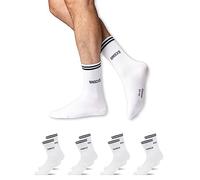 Snocks Retro Socken aus Bio Baumwolle 4 Paar - Lifestyle Socken im Streifen Design - Lange Tennissocken für Damen & Herren - Hohe Sportsocken - Gr. 47-50 - Farbe Weiß