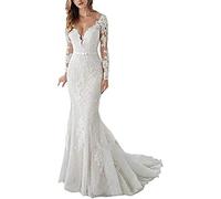 Snow Lotus Meerjungfrau-Brautkleid mit V-Ausschnitt für Damen, lange Ärmel, Tüll und Spitzenapplikationen, weiß, 36