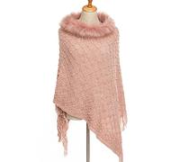 SNPP Poncho Cape Winter Warm Für Damen,Herbst-Winter-Eleganter Quasten-Pelz-Poncho-Umhang-Damen-Warmer Gestrickter Thermischer Weicher Quasten-Schal Für Hochzeits-Abend-Dressing-Rosa 85 * 80Cm