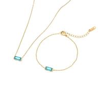 Snuhlzvm Set mit 12 Geburtsstein-Halskette und Armband für Damen, rechteckige Edelsteine, 18 Karat vergoldete Kette, zierlicher, verstellbarer Schmuck, ideales Geschenk für geliebte Freundinnen
