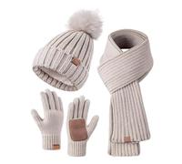 Sobzia Mütze Handschuhe Set Damen:2024 Ab Wann:Touchscreen Handschuhe Winter Wintermütze Pudelmütze Handschuhe Warme Kaschmir Mütze Schal Fleece Weißer Gloves Damen 3 In 1 Set