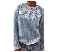 Sobzia Norweger Pullover Damen Kaschmir Pullover Langarm Rundhals Gestreifter Wollpullover Strickpullover Herbst Winter Elegant Winterpullover Pulli Warm Casual Strickpulli Blau XXL