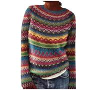 Sobzia Norweger Pullover Damen Kaschmir Pullover Langarm Rundhals Gestreifter Wollpullover Strickpullover Herbst Winter Elegant Winterpullover Pulli Warm Casual Strickpulli Rot 4XL
