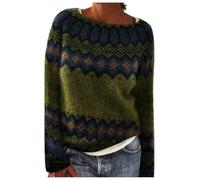 Sobzia Norweger Pullover Damen Kaschmir Pullover Langarm Rundhals Gestreifter Wollpullover Strickpullover Herbst Winter Elegant Winterpullover Pulli Warm Casual Strickpulli Grün 4XL