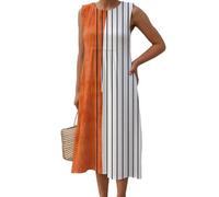 Sobzia Sommerkleid Damen Leicht,Musselin Kleid Damen - Sommer Lang Leicht Leinenkleid Sommerkleid Luftig Ärmellos Musselinkleid Strandkleid Blumendruck Vintage Hemdblusenkleid Boho Kleid (Orange,3XL)
