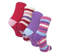 Sock Snob 4 Paar Mädchen Flauschige Kuschelsocken - Warme Rutschfeste Stoppersocken mit Streifen Punkten & Herzen für Kinder (7-10 Jahre, Uni & Gestreift)