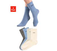 Socken H.I.S "Basic Damen Socken Strümpfe, mit Komfortbund Klassische Freizeitsocken", Damen, Gr. 35-38, blau (1x grau meliert, 1x jeans meliert, 1x beige meliert, 1x hellgrau meliert), Baumwolle, Bau