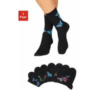 Socken H.I.S, Damen, Gr. 35-38, schwarz (schwarz, gemustert), Baumwolle, Elasthan, Polyamid, gemustert, elastisch, Socken Socken, mit Schmetterlings- und Vogelmotiven, Topseller (286444-35) schwarz, g