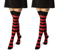 sockenkauf24 2 Paar Overknee Strümpfe Damen Kniestrümpfe Baumwolle 10723 (2 x Ringel Schwarz/Rot 35-38)