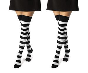 sockenkauf24 2 Paar Overknee Strümpfe Damen Kniestrümpfe Baumwolle 10723 (2 x Ringel Schwarz/Weiß 35-38)