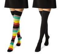 sockenkauf24 2 Paar Overknee Strümpfe Damen Kniestrümpfe Baumwolle 10723 (Bunte Ringel & Schwarz 35-38)