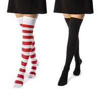 sockenkauf24 2 Paar Overknee Strümpfe Damen Kniestrümpfe Baumwolle 10723 (Ringel Rot/Weiß & Schwarz 35-38)