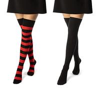 sockenkauf24 2 Paar Overknee Strümpfe Damen Kniestrümpfe Baumwolle 10723 (Ringel Schwarz/Rot & Schwarz 39-42)