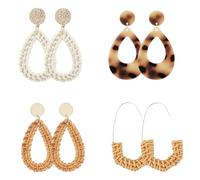 SOFPLATE 4 Paar 4 Stile Boho Ohrhänger Strand Ohrhänger Set Groß Bast Bohemian Tropfenform Rattan Gewebt Rund Tropischer Ohrhänger Schmuck Bulk Ohrstecker Für Frauen Sommer Urlaub Party