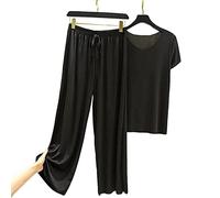 Soft Comfortable Ice Silk Short Sleeve T-Shirt Two Piece Set Loose Wide-Leg Pants,womens Wide Legs Casual Loose Yoga Sports Pants Home Casual Pants,womens Pajama Sets,suitable for Daily Wear