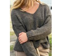Softer Grobstrickpullover für Damen - V-Ausschnitt One Size in Graubraun
